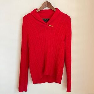Lauren Ralph Lauren Red Cable Knit Sweater Medium Shawl Collar Preppy Old Money